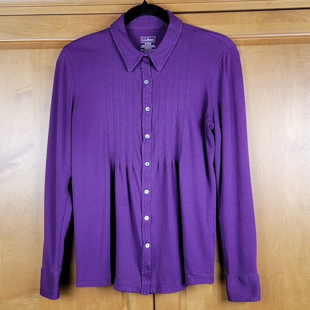 LL Bean Purple Pleated Supima Cotton Jersey Button Front Top - S